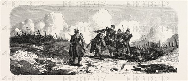 The lieutenant Poussin, killed in the attack on the Central Bastion, while removing his injured captain. engraving 1855