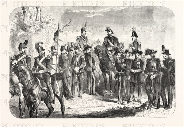 UNIFORMS OF THE ARMY OF SARDE. Cavalry. Dragon-lancer. Sapper. Offic. of Reg. of Savoy. Offic. artillery. Staff. Off. staff, guards of Sardinia and the Bersaglieri. Rifleman gendarme. General. Colonel. Policeman on foot. engraving 1855