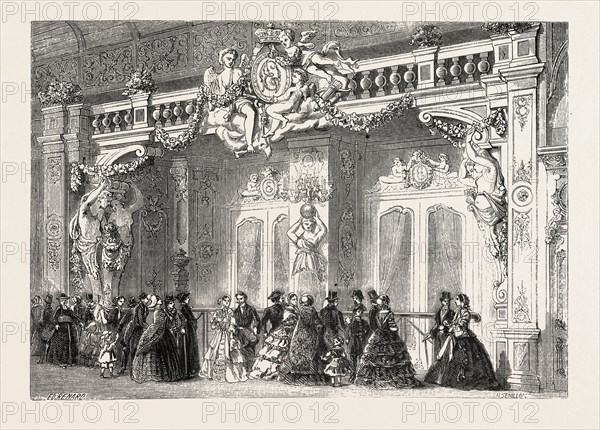 Entrance to the lounge of the Empress at the Palace of Industry. Paris, France, Exposition Universelle. An international Exhibition held on the Champs-Elysees in 1855, consisting of an industrial and an beaux Arts exposition. Engraving