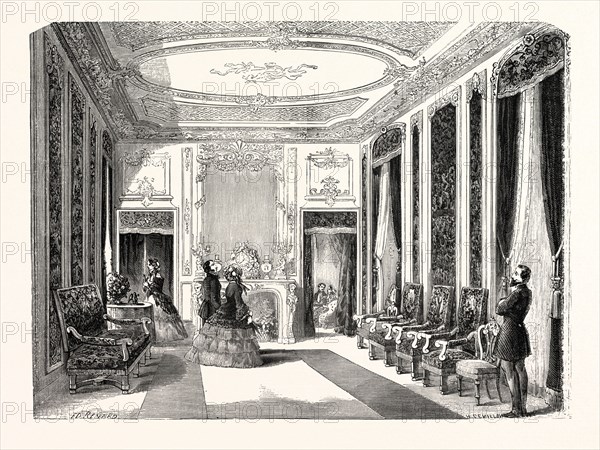 The lounge of the Empress. Paris, France, Exposition Universelle. An international Exhibition held on the Champs-Elysees in 1855, consisting of an industrial and an beaux Arts exposition. Engraving