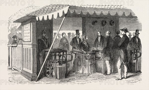 Expo industry. The turnstiles. Paris, France, Exposition Universelle. An international Exhibition held on the Champs-Elysees in 1855, consisting of an industrial and an beaux Arts exposition. Engraving