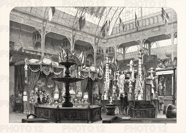 Prussian Exhibition at the Palace of Industry. Expo 1855. Paris, France, Exposition universelle. An international Exhibition held on the Champs-Elysees in 1855, consisting of an industrial and an beaux Arts exposition. Engraving