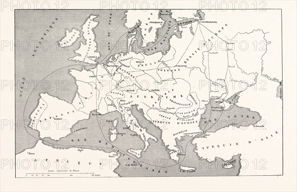 The Crimean War, 1855: Map of Europe to serve in the general war against Russia in the Baltic Sea and the Black Sea. Engraving