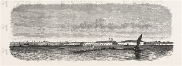 View of Fort Kinburn, taken from La Lave, from his battle station. Otchakoff. Burial men of the devastation. Gate of the fort destroyed by the bombing. The Crimean War, 1855. Engraving