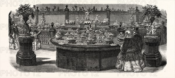 Expo Industry, 1855. Service table ordered from Mr. Christofle, by the Emperor. Paris, France, Exposition universelle. An international Exhibition held on the Champs-Elysees in 1855, consisting of an industrial and an beaux Arts exposition. Engraving