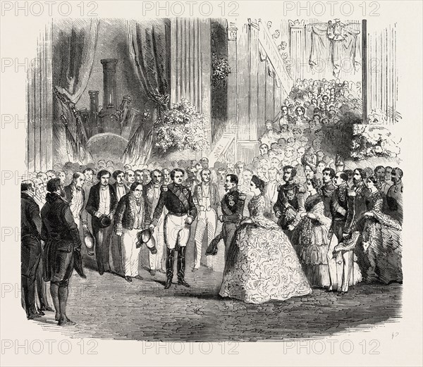 Reception LL. MM. at the Palais de l'Industrie, by Prince Napoleon and the Commission of the Exhibition. Paris, France, Exposition universelle. An international Exhibition held on the Champs-Elysees in 1855, consisting of an industrial and an beaux Arts exposition. Engraving