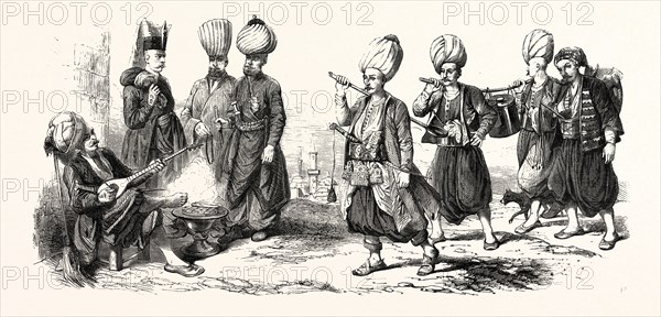 Janissary guard. Paymaster. Room leader. NCO guard. Chief scullion. Officers cooks. Marmite the Janissaries. Water carrier officers. engraving 1855