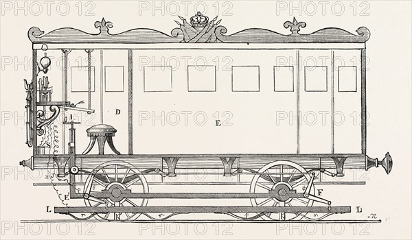 Telegraph locomotives, by Mr. Bonelli. Vertical section of the telegraph wagon, 1855. Engraving