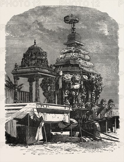 THE CAR OF JUGGERNAUT. Hindu Ratha Yatra temple car, which apocryphally was reputed to crush devotees under its wheels. The word is derived from the Sanskrit JagannaÂtha (Devanagari) "world-lord", one of the names of Krishna found in the Sanskrit epics.