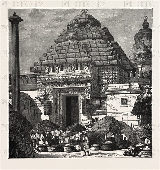 ENTRANCE TO THE TEMPLE OF JUGGERNAUT, INDIA. Hindu Ratha Yatra temple car, which apocryphally was reputed to crush devotees under its wheels. The word is derived from the Sanskrit Jagannatha "world-lord", one of the names of Krishna found in the Sanskrit epics.