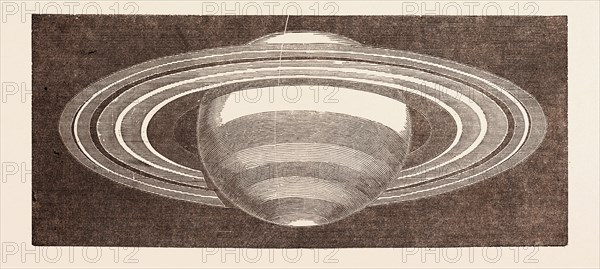 PLANET SATURN AS SEEN IN NOVEMBER, 1852, BUT ALTERED FOR A NON-INVERTING TELESCOPE. Scale 7 seconds of Arc to one inch.