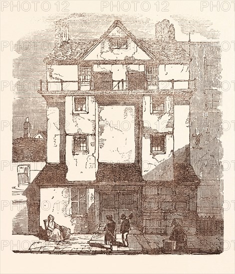 CAXTON'S HOUSE, IN THE ALMONRY, TAKEN DOWN NOVEMBER, 1845. William Caxton (ca. 1415  1422   ca. March 1492) was an English merchant, diplomat, writer and printer. UK, britain, british, europe, united kingdom, great britain, european