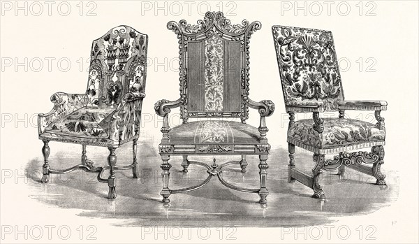 Stuffed-backed Chairs, temp. William. III. FROM HAMPTON COURT. FROM HARDWICK HALL. FROM KNOLE. UK, britain, british, europe, united kingdom, great britain, european