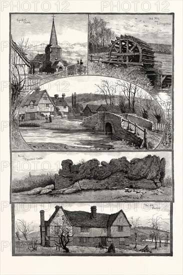 EYNSFORD, KENT, UK, 1887. EYNSFORD CHURCH, OLD MILL NEAR LULLINGSTONE, THE BRIDGE, RUINS OF EYNSFORD CASTLE, THE OLD MANOR