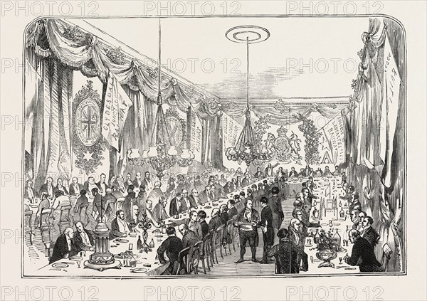 OPENING OF THE LANCASTER AND CARLISLE RAILWAY: THE RAILWAY CONTRACTORS' DINNER, AT THE CROWN AND MITRE INN, CARLISLE, UK, 1846