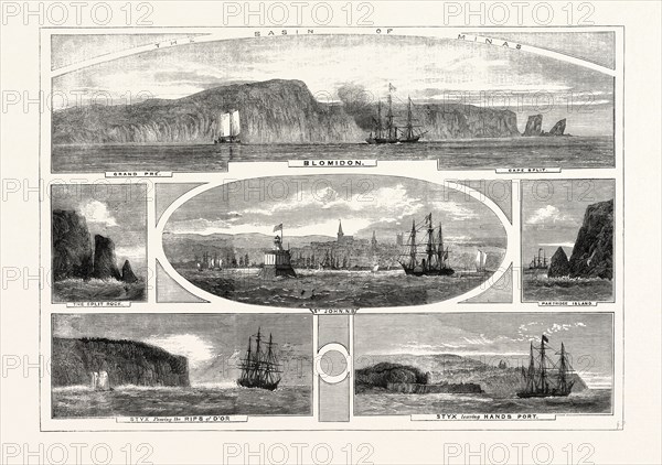 PROGRESS OF THE PRINCE OF WALES IN BRITISH NORTH AMERICA, VIEWS ILLUSTRATING THE PASSAGE OF H.M.S. "STYX," HAVING HIS ROYAL HIGHNESS ON BOARD, FROM HANDSPORT TO ST. JOHN, NEW BRUNSWICK. CANADA, 1860. THE BASIN OF MINAS. PARTRIDGE ISLAND. THE SPLIT ROCK.