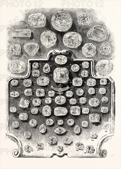 THE LARGEST DIAMONDS IN THE WORLD: 1. The English Lottery Diamond. 2. The Great Mogul. 3. The Blue Diamond. 4. The Shah of Russia. 5. The Florentine. 6. The Koh-i-Noor, after cutting. 7. The Koh-i-Noor, before cutting. 8. The Pole-star. 9. The Nassak. 10. The Pasha of Egypt. 11. The Sancy Diamond. 12. The Star of the South. 13. The Orloff Diamond. 14 to 71. The Regent and Mazarin diamonds, and various diamonds which have been set in ornaments.; 1887