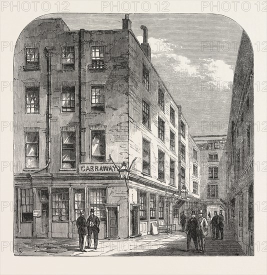 GARRAWAY'S COFFEE HOUSE, CHANGE ALLEY, London, UK, 1866. Tea was first sold here in England. Garraway's was the headquarters of the South Sea Bubble