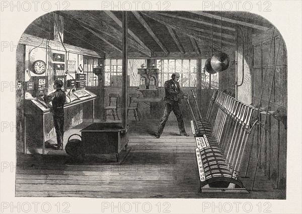 INTERIOR OF THE A.B. SIGNAL-BOX OF THE SOUTH EASTERN RAILWAY AT THE LONDON BRIDGE STATION, LONDON, UK, 1866