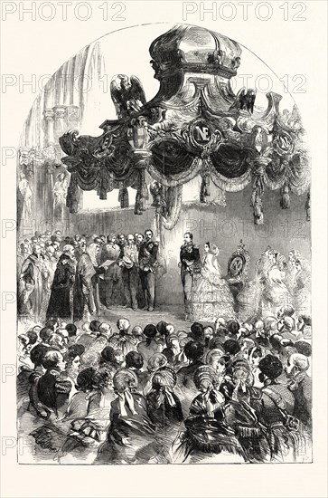 THE GRAND RECEPTION OF THE EMPEROR AND EMPRESS OF THE FRENCH, BY THE LORD MAYOR AND CORPORATION, IN THE GUILDHALL, LONDON. THE RECORDER READING THE ADDRESS. UK, 1855