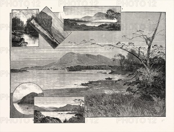 THE LAKES OF KILLARNEY: 1. Middle Lake (Muckross) from the North. 2. Poul-a-Gurm, Glengariff. 3. Eagle's Nest Mountain, Killarney. 4. A Corner of Muckross Lake. 6. Tore Mountain. 7. Muckross Lake.; 1885