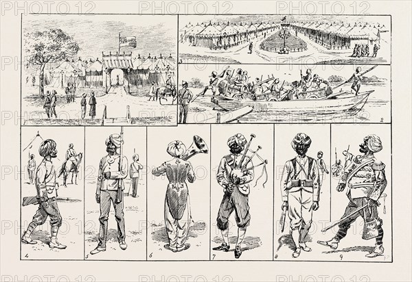 SKETCHES AT THE RAWUL PINDI DURBAR, 1885. 1. Entrance to Rajah of Bhawulpore's Tent. 2. Baggage of a Punjaub Infantry regiment, with carts, crossing the Jhelum ferry. 3. The Viceroy's Camp at Rawul Pindi. 4. Rajah of Nabha's Infantry. 5. Infantry of the Rajah of Jheend. 6. Bandsman of Rajah of Jheend troops. 7. Rajah of Chumba's bagpipes. 8. Sikh of the Punjaub Infantry. 9. Colonel of Maharajah of Puttiala's Infantry.