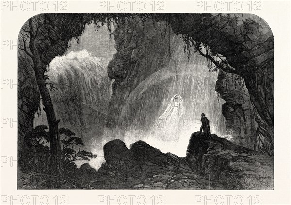 SCENE FROM "MANFRED," AT DRURY LANE THEATRE: THE STEINBACH WATERFALL. HAUNT OF THE WITCH OF THE ALPS, 1863