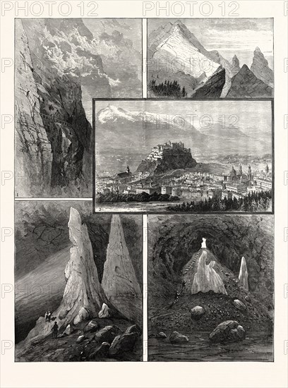 SALZBURG AND ITS MOUNTAIN SCENERY: 1. Path on the Geiereck. 2. Mountain Precipices, near Salzburg. 3. Salzburg, Upper Austria. 4. Icicles in the Kolowrats-hÃ¶hle. 5. The Kolowrats-hÃ¶hle, in the Untersberg. 1887