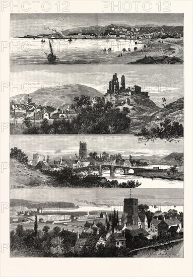 OPENING OF THE WAREHAM AND SWANAGE RAILWAY, 1885. 1. Swanage, Dorsetshire. 2. Corfe, and Ruins of Corfe Castle. 3. Wareham. 4. Swanage: View from Mr. F.A. Burt's Garden.