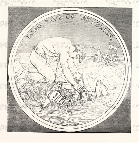 MR. WYON'S DESIGN FOR THE LIVERPOOL SHIPWRECK AND HUMANE SOCIETY'S MEDAL, AWARDED TO PERSONS WHO ASSISTED AT THE CONFLAGRATION OF THE "OCEAN MONARCH." 1848