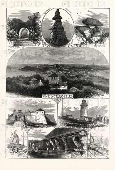 SKETCHES IN THE SCILLY ISLES, 1874. CHRYSALIS ROCK, STAR CASTLE, ST. AGNES LIGHTHOUSE, SUMMER HOUSE, TRESCO ABBEY