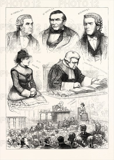SKETCHES IN THE ROYAL COURTS OF JUSTICE: AN INTERESTING TRIAL. 1883. MR. RUSSELL, Q.C.; MR. BIGGAR, M.P.; MR. CLARKE, Q.C.; MISS HYLAND; LORD CHIEF JUSTICE COLERIDGE; MISS HYLAND EXAMINED.
