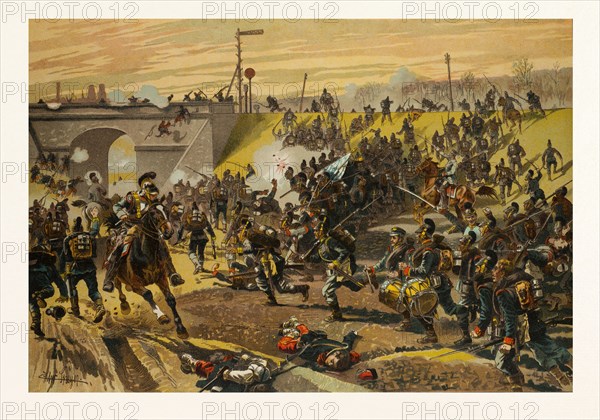ASSAULT ON THE RAILWAY DAM BEFORE ORLEANS BY THE FIRST BAVARIAN CORPS ON 11 OCTOBER 1870. The Franco-Prussian War or Franco-German War, often referred to in France as the War of 1870. CHRISTIAN GEORG SPEYER, 1855 Vorbachzimmern - 1929 Stuttgart. German Painter and illustrator, a professor at the Stuttgart Academy of Arts (1901-1924)