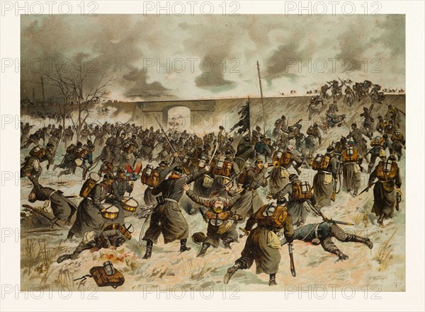 FROM THE BATTLE NEAR AMIENS ON THE 23RD OF DECEMBER 1870. THE STORMING OF THE RAILWAY DAM NEAR VILLERS BRETONNEUX BY THE 44RTHERS. The Franco-Prussian War or Franco-German War, often referred to in France as the War of 1870. Georg Koch (1857-1936) was a very well-known German painter, woodcut and lithograph artist of the late 19th - early 20th century. Pupil of his father Carl Koch, he also studied at the Berlin Academy.