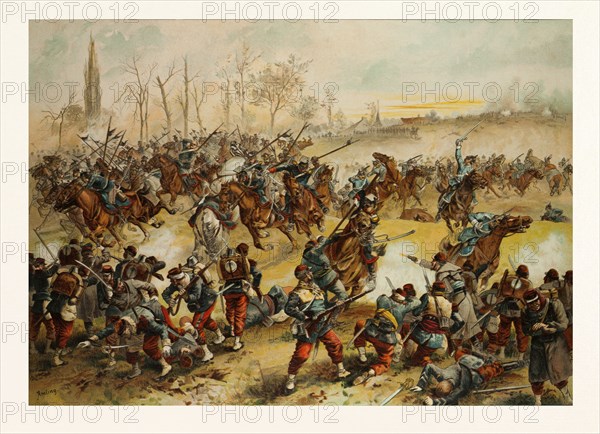 FROM THE BATTLE OF ST. QUENTIN ON THE 19TH OF JANUARY 1871. GERMAN CAVALRY CHARGING AT A FRENCH DEFENSIVE LINE. The Franco-Prussian War or Franco-German War, often referred to in France as the War of 1870. Amling, Franz, German painter, 1853 in Trier, 1894 in Schleissheim, student of Hasselhorst at the StÃ¤del Institute at Frankfurt a. M. In 1884 he went to Munich. He painted genre scenes and popular military