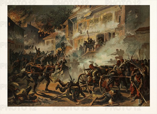 STORMING OF CHATEAUDUN ON THE 8TH OF OCTOBER, 1870, BY THE 22ND INFANTRY DIVISION (43RD BRIGADE). The Franco-Prussian War or Franco-German War, often referred to in France as the War of 1870. Anton Hoffmann (10. April 1863 in Bayreuth; 1938 in Munich) was a German painter and illustrator