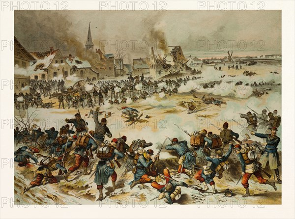 FROM THE BATTLE NEAR BAPAUME ON THE 3RD OF JANUARY, 1871; TOGETHER THE 8TH HUNTER BATTALION, THE 33RD AND 69NTH DRIVE THE FRENCH OUT OF VILLOY. The Franco-Prussian War or Franco-German War, often referred to in France as the War of 1870