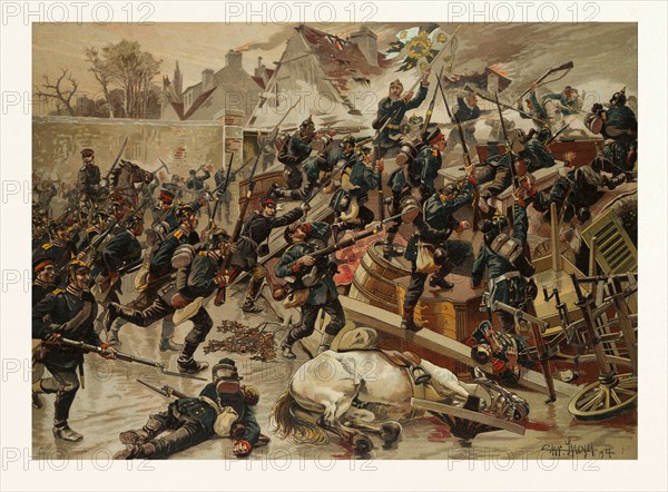 STORMING OF THE GREAT BARRICADE AT THE ENTRANCE OF LE BOURGET BY THE 3RD GARDE-GRENADIER REGIMENT "QUEEN ELISABETH" ON THE 30TH OF OCTOBER, 1870. The Franco-Prussian War or Franco-German War, often referred to in France as the War of 1870. CHRISTIAN GEORG SPEYER, 1855 Vorbachzimmern - 1929 Stuttgart. German Painter and illustrator, a professor at the Stuttgart Academy of Arts (1901-1924).