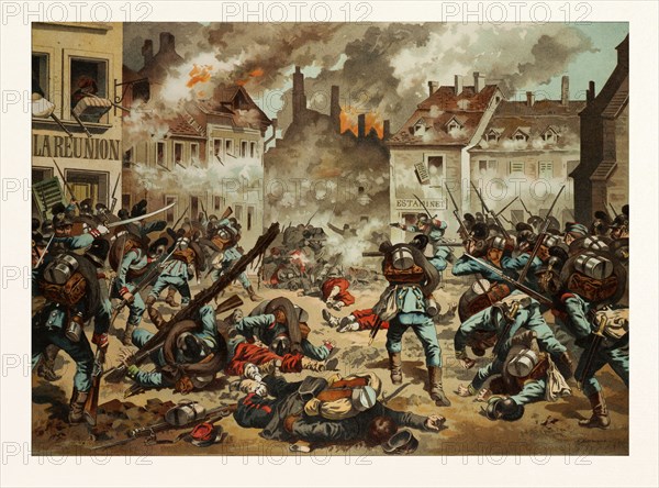 STREET FIGHT IN BAZEILLES ON THE FIRST OF SEPTEMBER, 1870. The Franco-Prussian War or Franco-German War, often referred to in France as the War of 1870. Anton Hoffmann (10. April 1863 in Bayreuth; 1938 in Munich) was a German painter and illustrator
