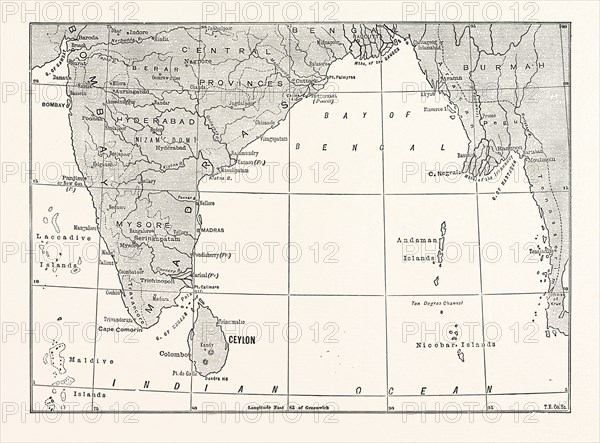 MAP OF LOWER INDIA AND CEYLON, SRI LANKA