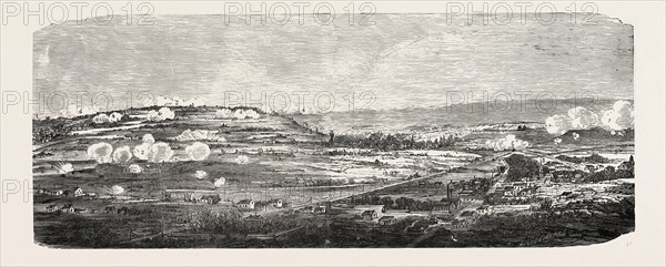 Franco-Prussian War: The bombardment of Paris. General view taken of the German positions from Chatillon to Meudon, of the Paris ramparts. From left to right: Chatillon, Fort Vanves, plateau of Chatillon, German batteries, Clamart, French battery, station of Clamart, Fort Iffy, Vanves, railway to Versailles, France