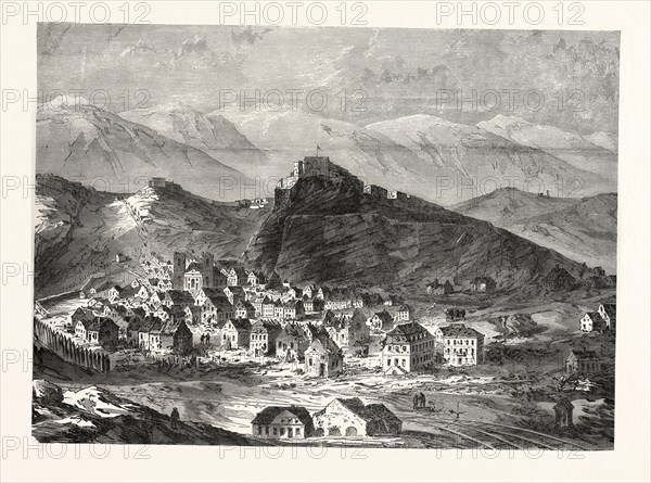 Franco-Prussian War: City and fortress of Belfort after the handover on 18 February 1871. From left to right: Fort la Miotte, Fort la Justice, Le Chateau, Fort Hautes-Perche, Fort Basses-Perche, France