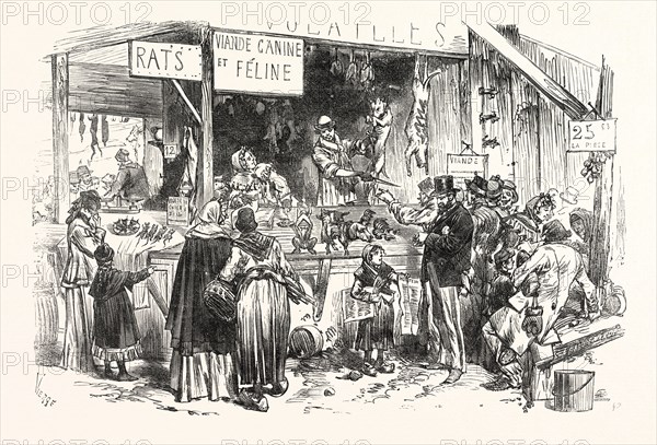 Franco-Prussian War: On the market of St. Germain. At the dogs and cats butcher. Fresh rats, 1 Frank a piece, 1871. France