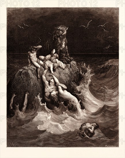 THE DELUGE, BY Gustave Doré. Gustave Dore, 1832 - 1883, French. Engraving for the Bible. 1870, Art, Artist, holy book, religion, religious, christianity, christian. romanticism, colour, color engraving.-