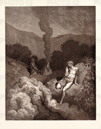 CAIN AND ABEL OFFERING THEIR SACRIFICES, BY Gustave Doré. Gustave Dore, 1832 - 1883, French. Engraving for the Bible. romanticism, colour, color engraving.
