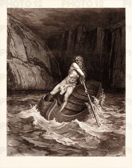 CHARON, the ferryman of Hell, 1861  BY Gustave Doré. Gustave Dore, 1832 - 1883, French. Engraving for the Inferno by Dante. romanticism, colour, color engraving.