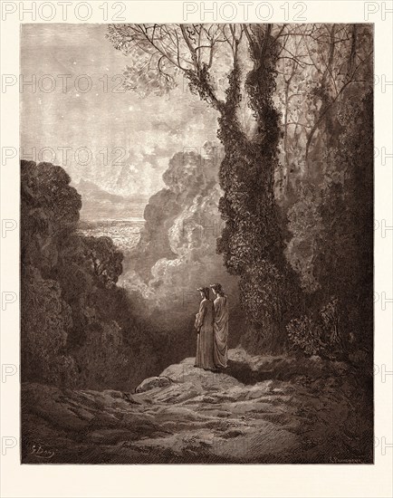 THE THRESHOLD OF PURGATORY, BY Gustave Doré.  Dore, 1832 - 1883, French. Engraving for the Purgatorio or Purgatory by Dante. romanticism, colour, color engraving.