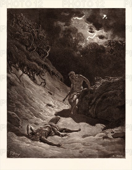 THE DEATH OF ABEL, BY Gustave Doré. Dore, 1832 - 1883, French. Engraving for the Bible. Art, Artist, , holy book, religion, religious, christianity, christian. romanticism, colour, color engraving