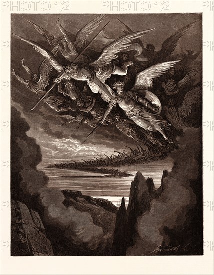 THE FALLEN ANGELS ON THE WING, BY Gustave Doré. Dore, 1832 - 1883, French. Engraving for Paradise Lost by Milton. romanticism, colour, color engraving.
