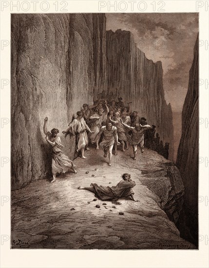 THE MARTYRDOM OF ST. STEPHEN, BY Gustave Doré.  Dore, 1832 - 1883, French. Engraving for the Purgatorio by Dante. Art, Artist, romanticism, colour, color engraving